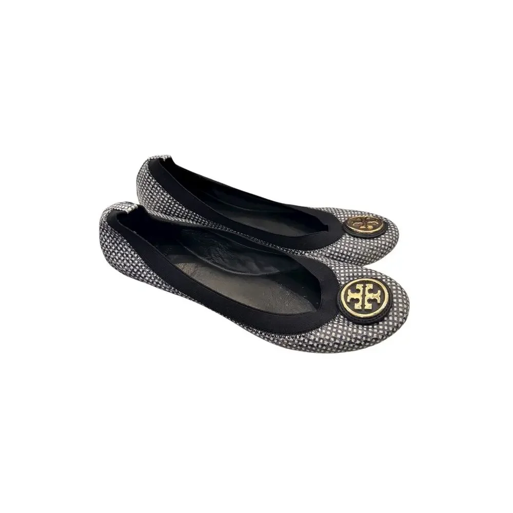 Tory Burch Caroline 2 Tidal Grid Ballet Flats Black White Gold Logo Sz 8